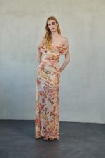 Off-Shoulder Maxi Mesh Dress Peach Floral