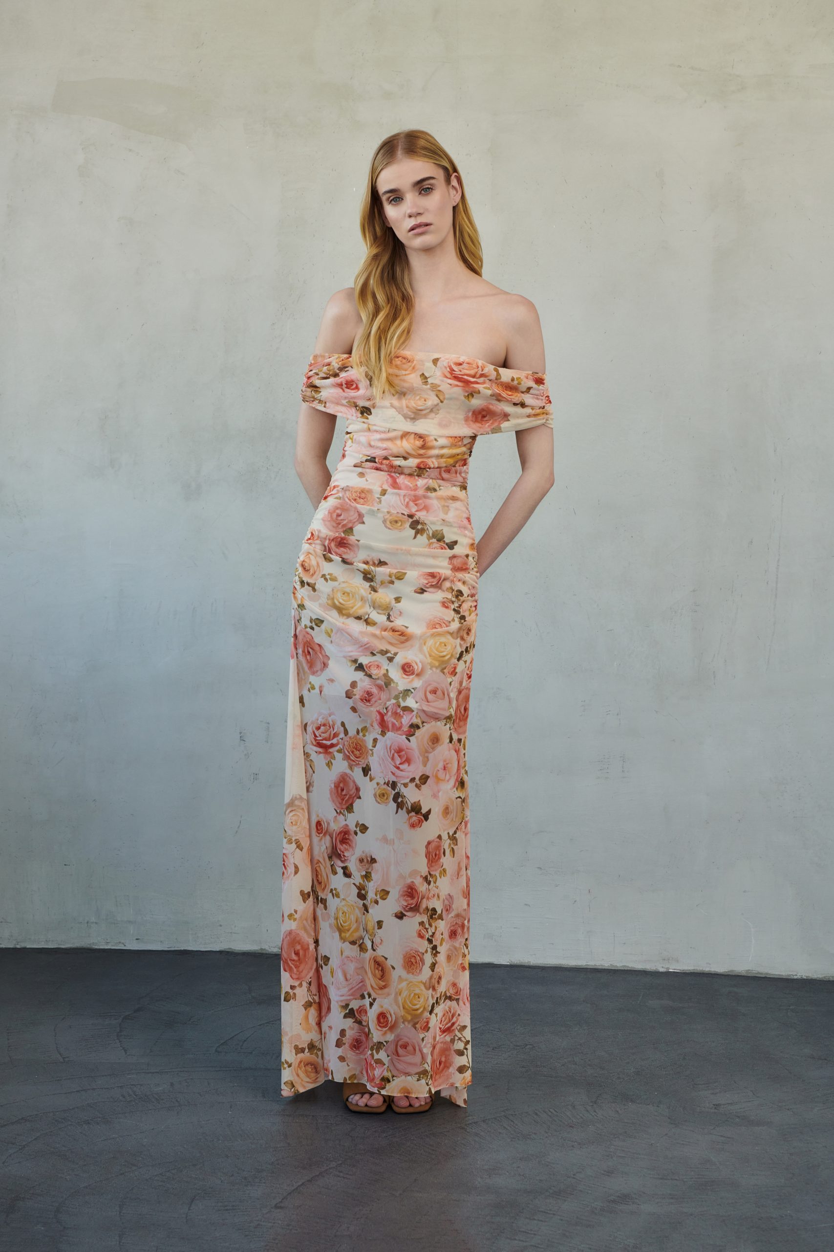 _DSC3071 Off-Shoulder Maxi Mesh Dress Peach Floral - Image 1