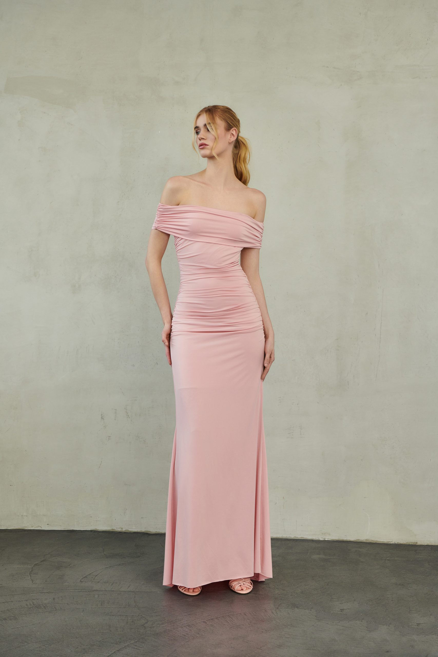 _DSC4243 Off-Shoulder Maxi Mesh Dress Baby Pink - Image 1