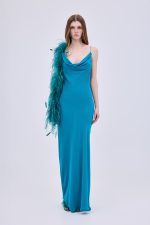 Chiffon Feather Maxi Dress Petrol - Image 2